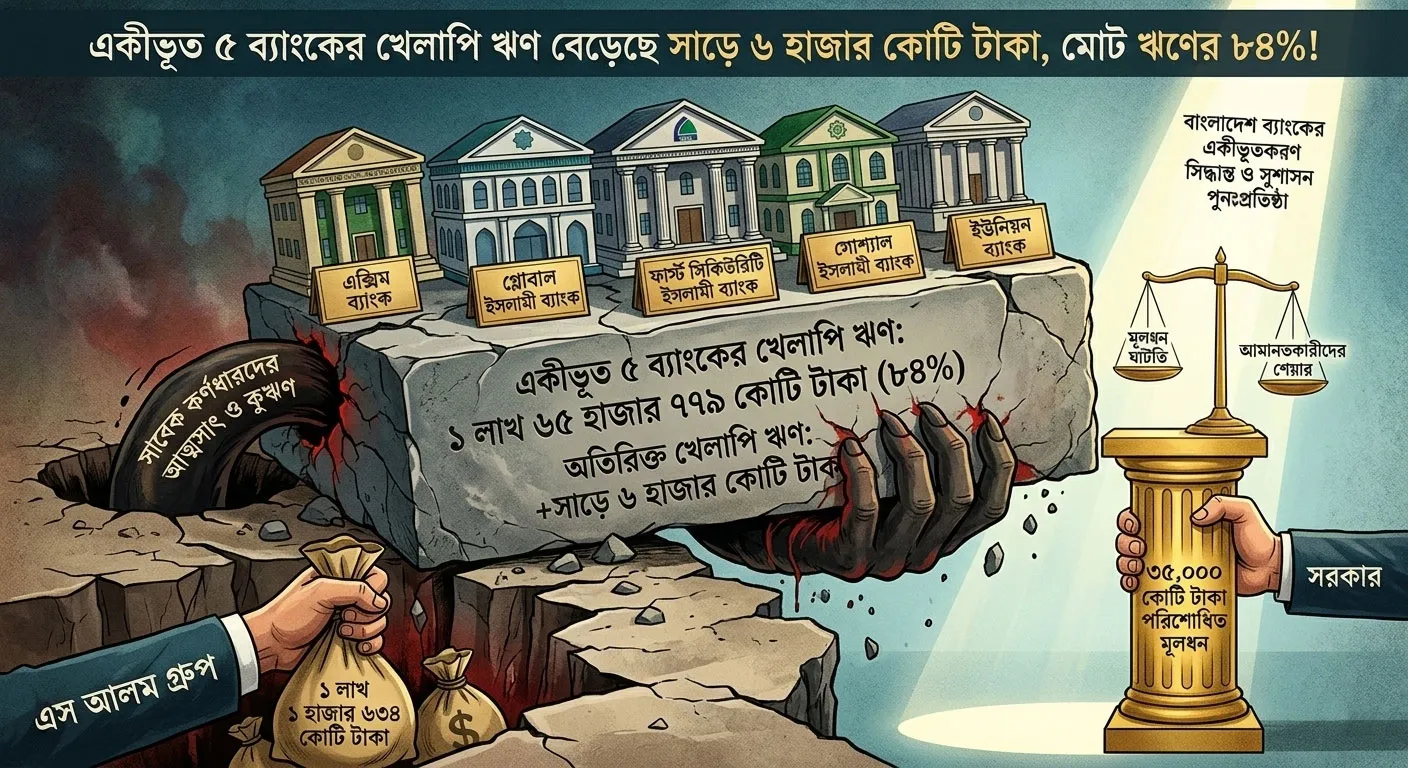 একীভূত ৫ ব্যাংকের খেলাপি ঋণ বেড়েছে সাড়ে ৬ হাজার কোটি টাকা, মোট ঋণের ৮৪%!
